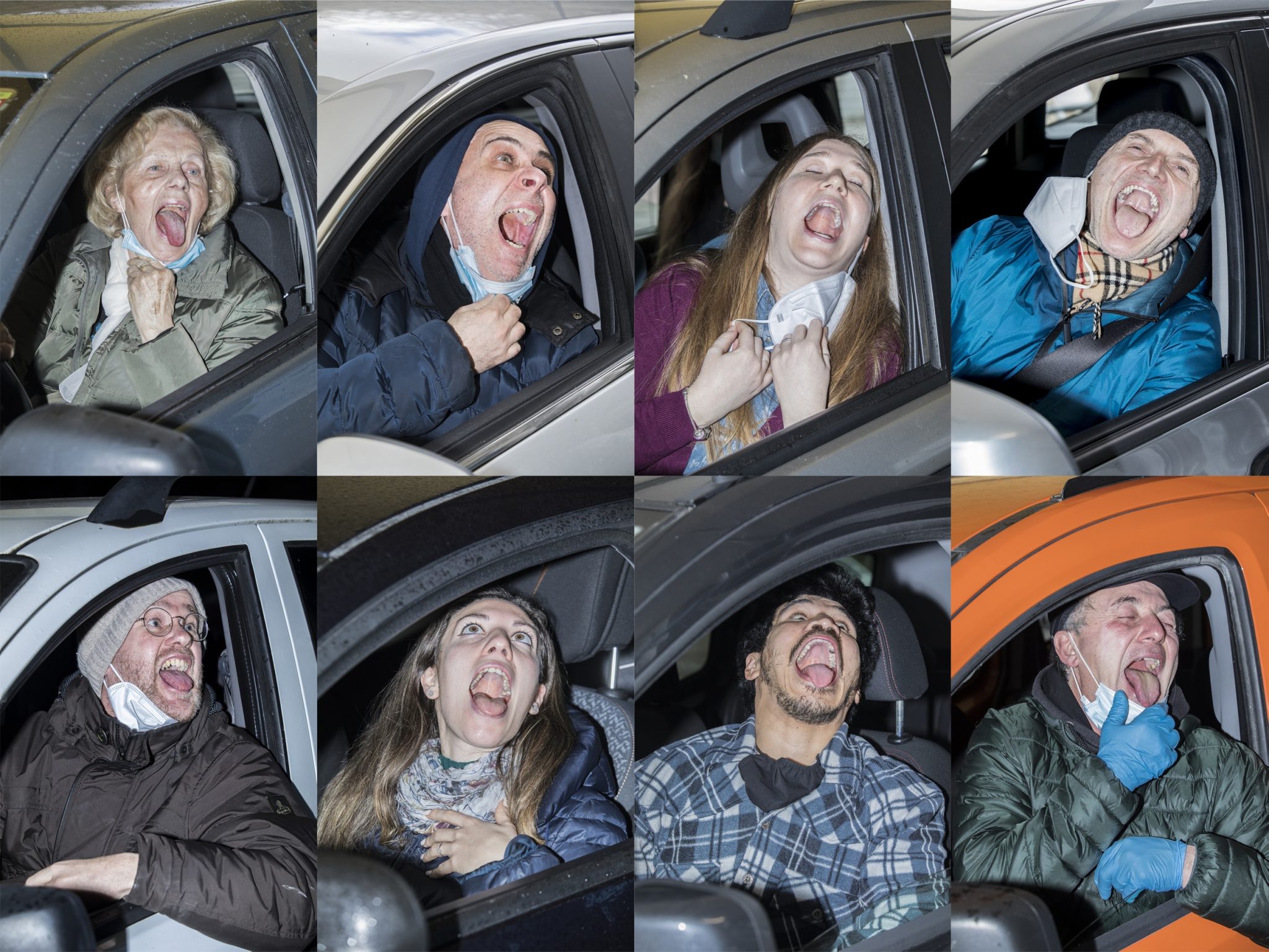 People portrayed moments before undergoing a COVID swab test in a drive-through clinic. Italy, 2020