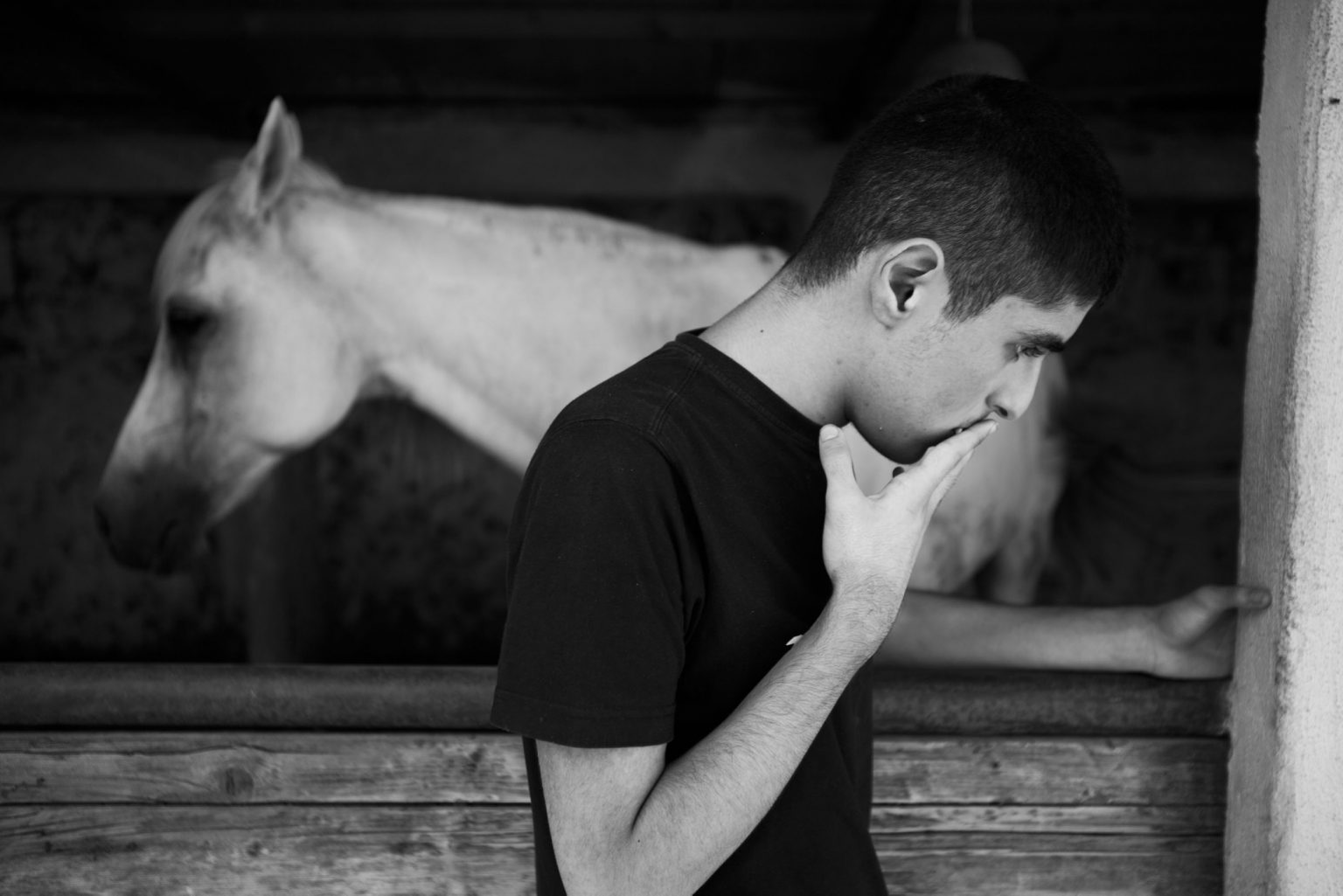 Gennaro, one of the two autistic twins, in a riding school during a closing moment. The horse represents a very important animal for the boys and their family. The twins in fact do not speak and the only time that Maurizio spoke, he said the word "horse". Succivo, Caserta, Italy, 2015