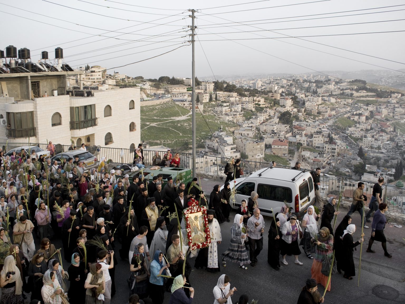 Greek Orthodox Christians during the Palm Sunday in East Jerusalem celebrating the entrance of Jesus in Jerusalem.