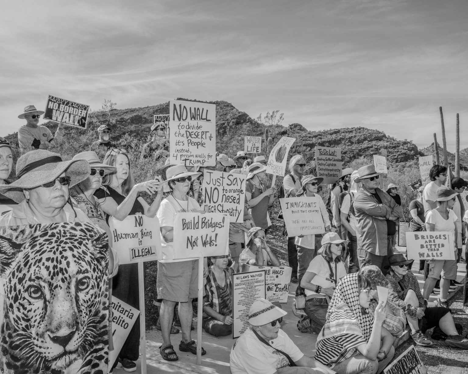 Activists during a demonstration against the constructionn of a new section of border fence in the Sonoran Desert. Lukeville, Arizona. November 2019.