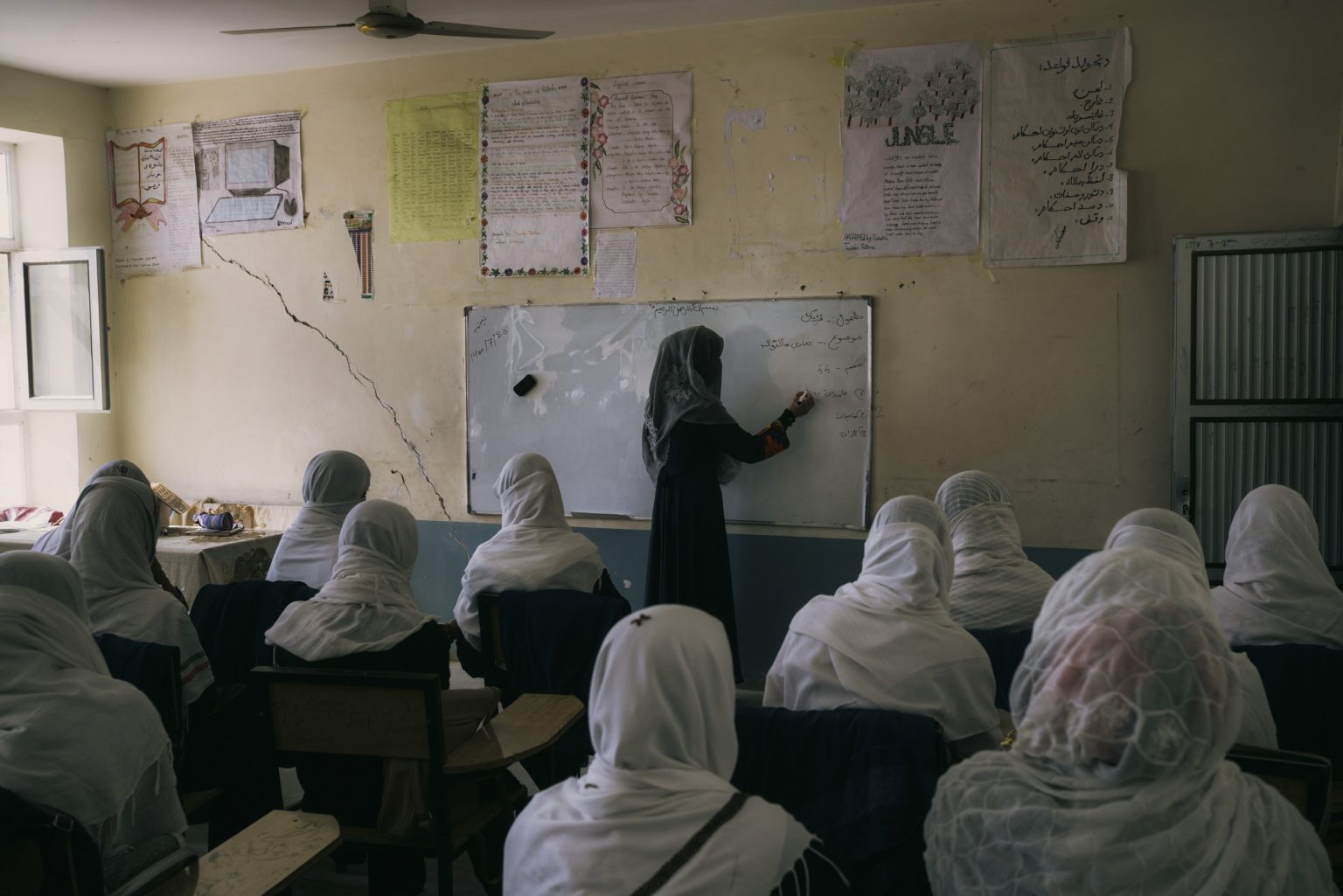 ZABUL, AFGHANISTAN - OCTOBER 20:
Girls above 6th grade are attending classes at Bibi Khala girls high school. In Kabul and most other parts of the county, the Taliban has forbidden girls older than 12 years old from attending.
(Photo by Lorenzo Tugnoli/ The Washington Post)