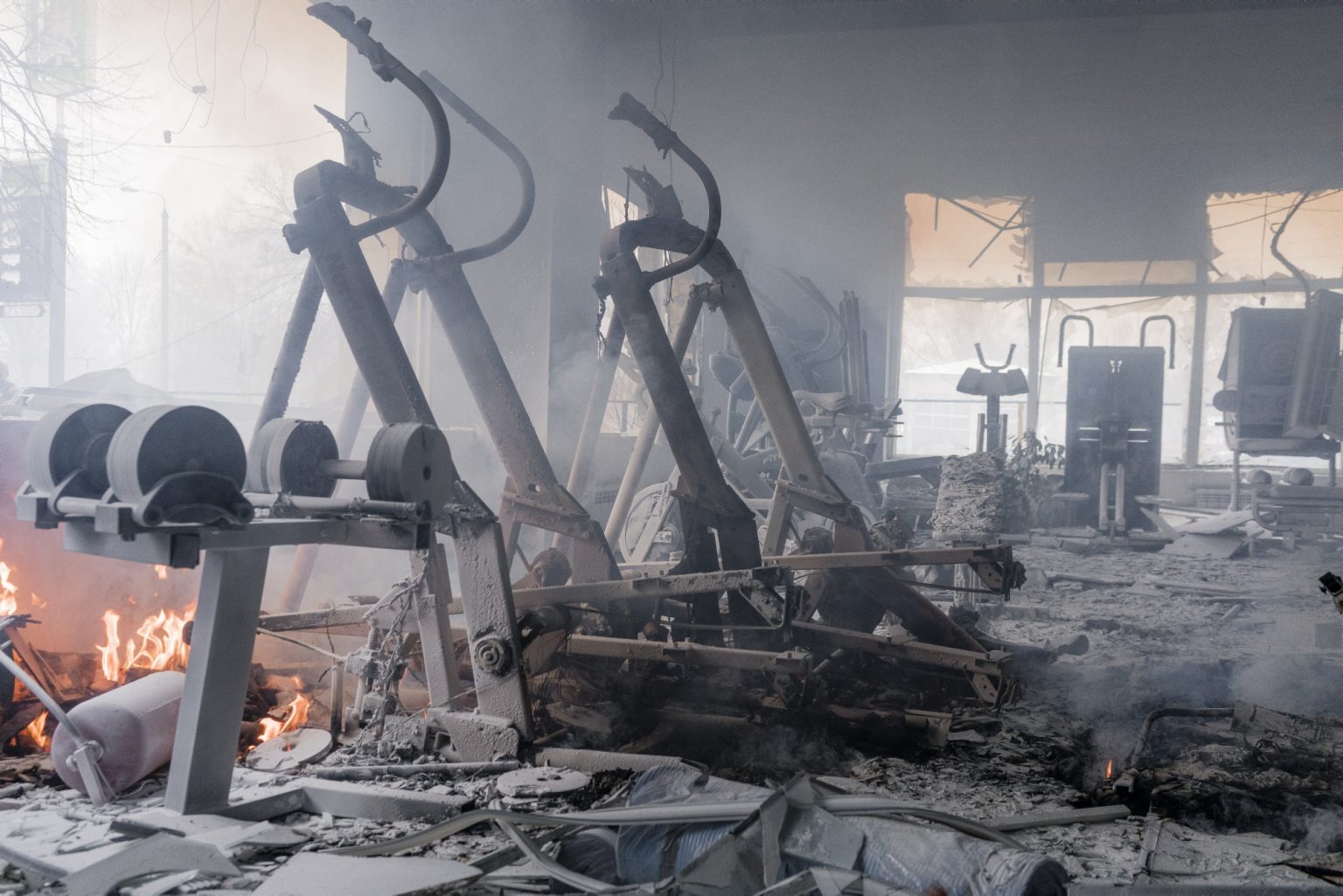 UKRAINE, Kyiv. March 02, 2022 - The interior of a gym damaged by a missile strike on the main television tower in Kyiv.