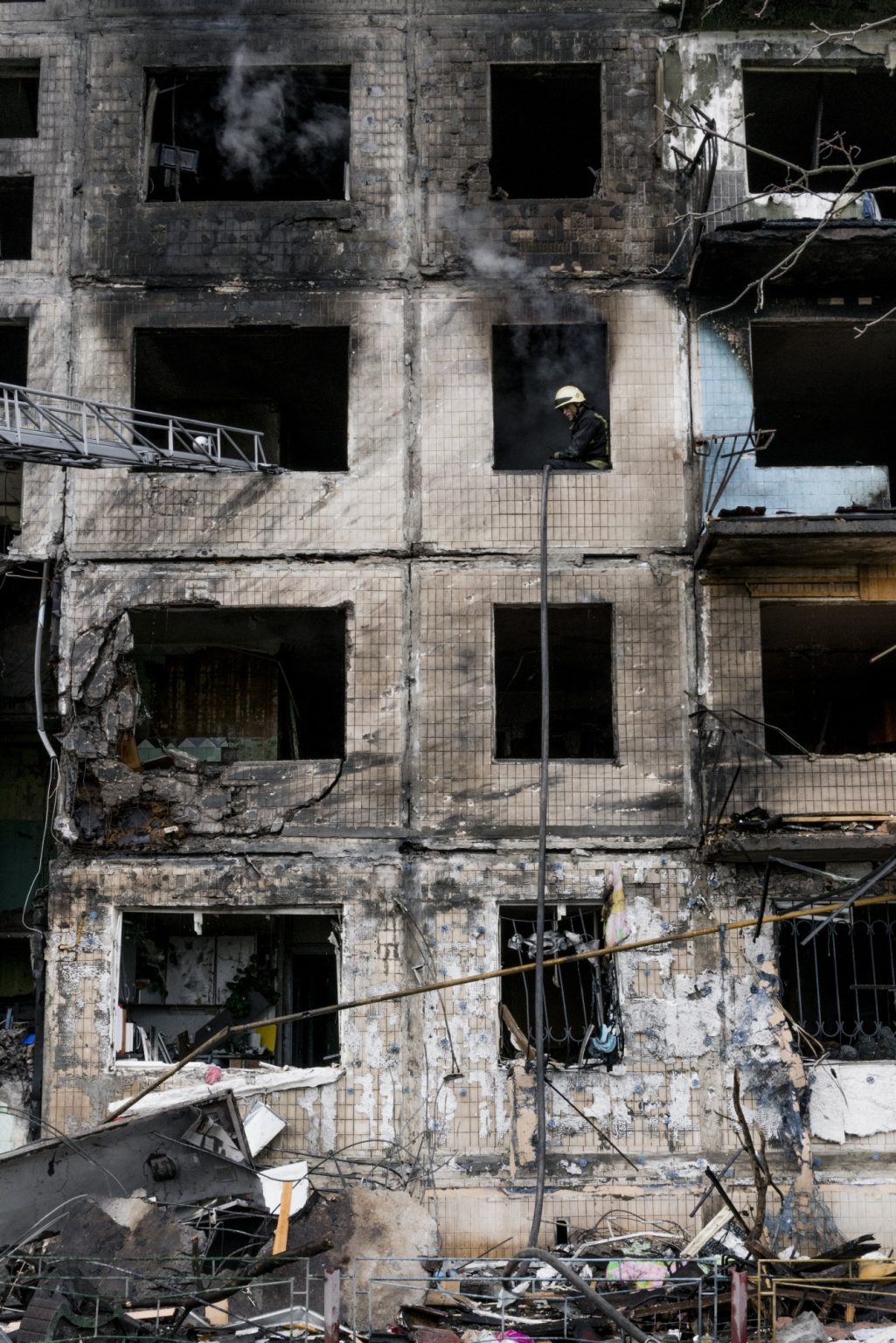 UKRAINE, Kyiv. March 14, 2022 - A building damaged by shelling in Kyiv.