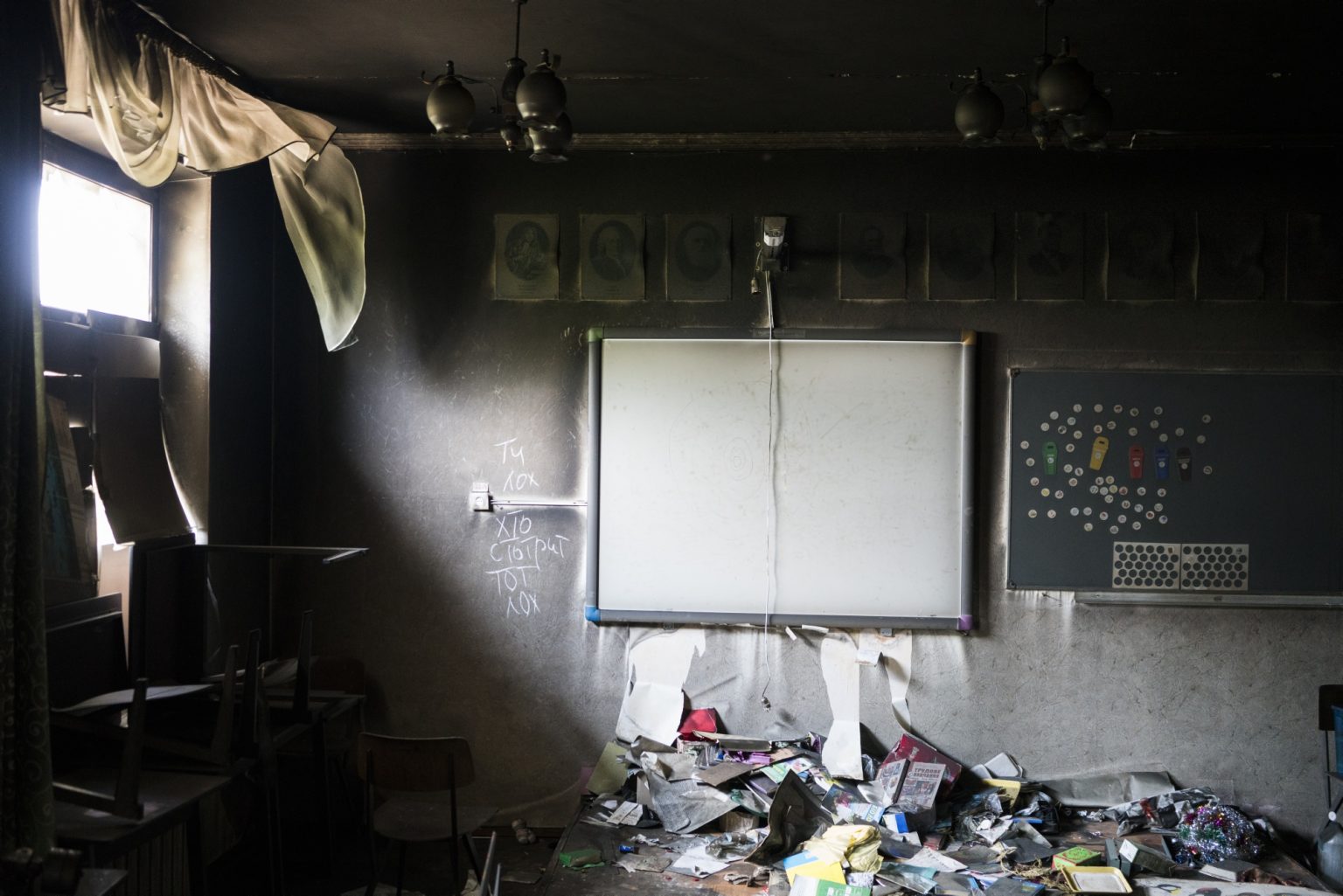 UKRAINE, Kyiv. May 12, 2022 - A school used as a base by Russian forces and burned down by them during their retreating from the village of Bohdanivka.